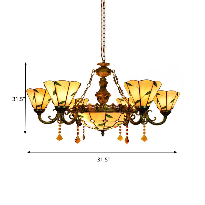 Tiffany Style Agate Leaf Chandelier in Antique Art Glass - 7/9/13 Lights - Beige - Ideal for Hotels