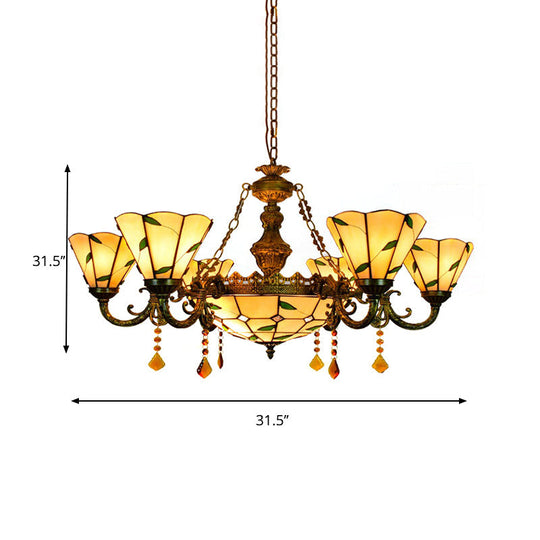 Tiffany Style Agate Leaf Chandelier in Antique Art Glass - 7/9/13 Lights - Beige - Ideal for Hotels