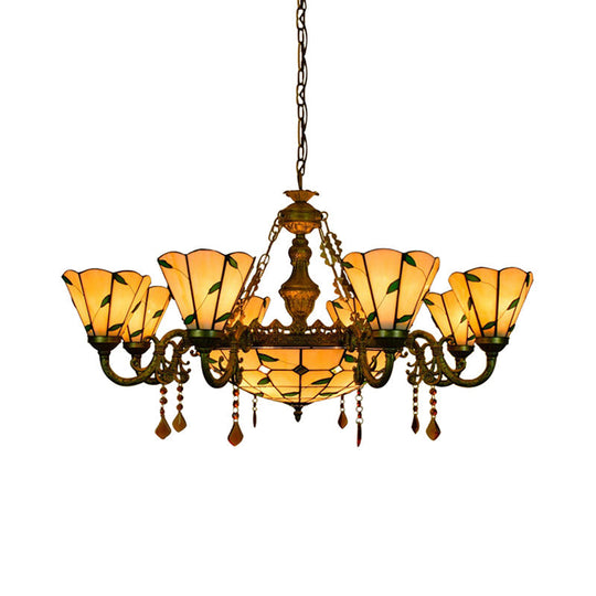 Tiffany Style Agate Leaf Chandelier in Antique Art Glass - 7/9/13 Lights - Beige - Ideal for Hotels