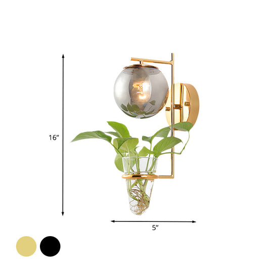 Antique Gold/Black Globe Sconce Light With Cream/Smoke Gray Glass 1-Head Wall Lamp For Bedroom Clear