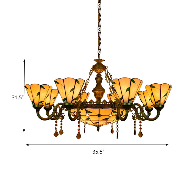 Tiffany Style Agate Leaf Chandelier in Antique Art Glass - 7/9/13 Lights - Beige - Ideal for Hotels