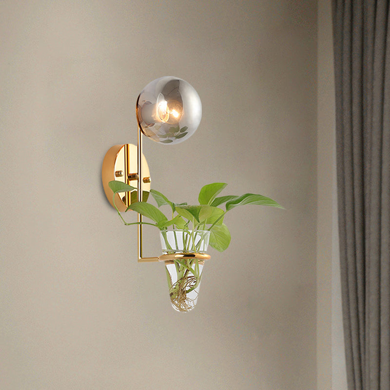 Industrial Global Cream/Smoke Gray Glass Wall Sconce Lamp With Clear Plant Cup - Black/Gold Finish