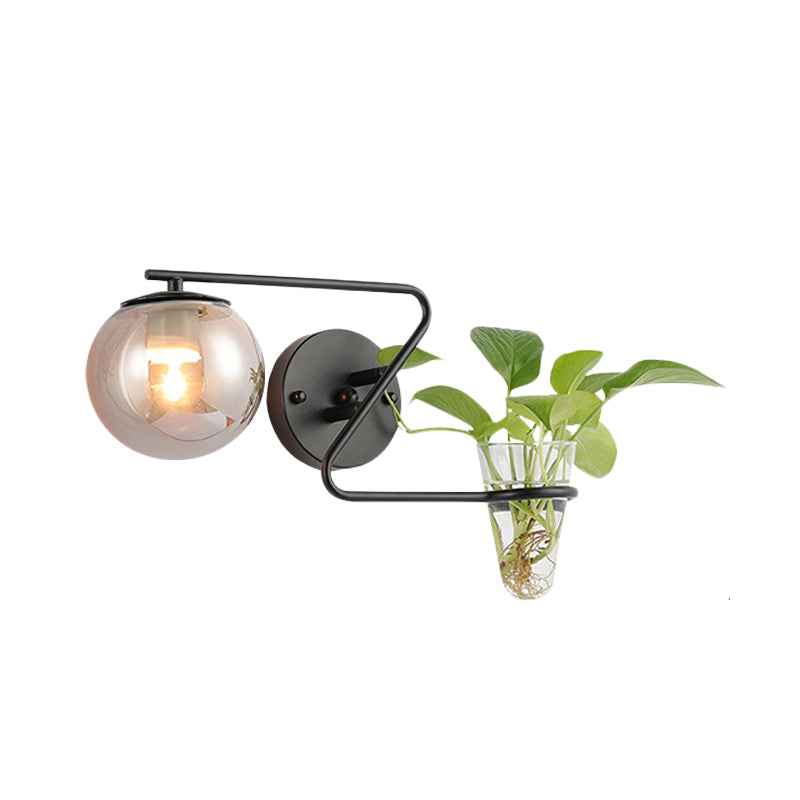 Industrial Cream/Smoke Gray Glass Bedroom Sconce Lighting: Global 1 Head Wall Light With Black/Gold