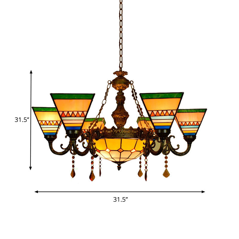 Vintage Craftsman Chandelier with Agate Stained Glass and Tiffany Style in Orange-Green for Living Room