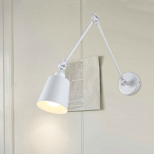 Nordic Iron Swing Arm Wall Reading Light: Single Black/White Sconce With Tapered Shade White