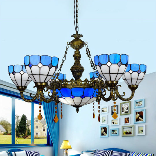 Blue Agate Multi-Head Tiffany Chandelier: Art Glass Domed Traditional Hanging Light