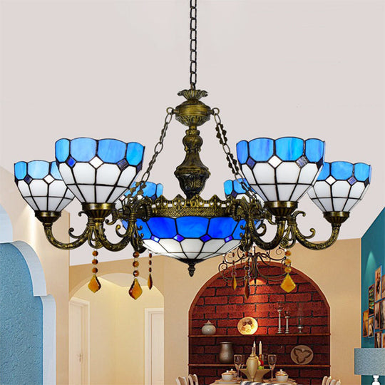 Blue Agate Multi-Head Tiffany Hanging Chandelier - Domed Art Glass Design