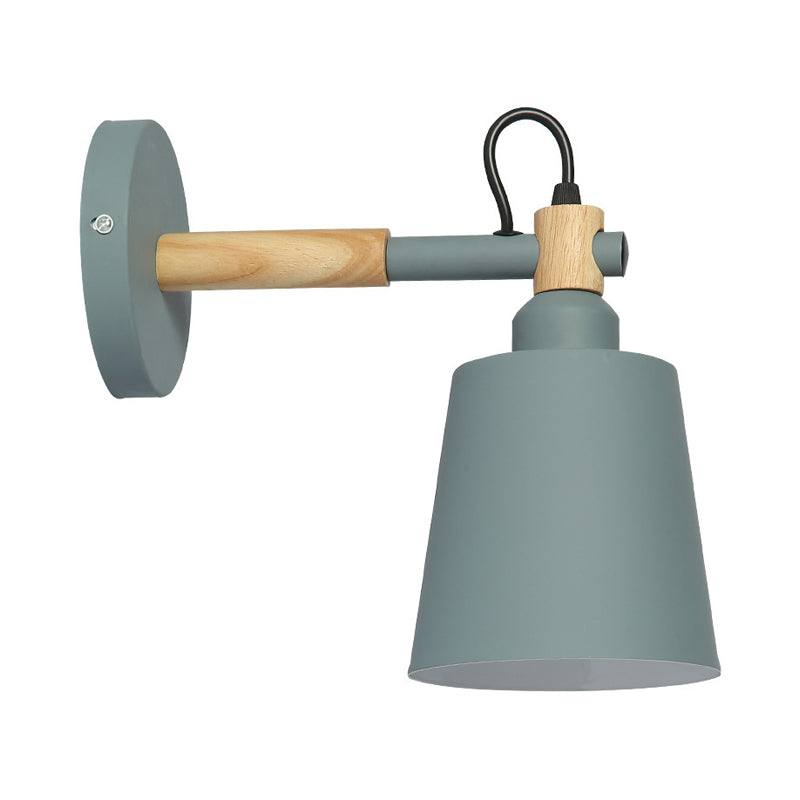 Nordic Style Metal Wall Sconce Lamp - Bucket Bedside Light With Wood Accents In Green