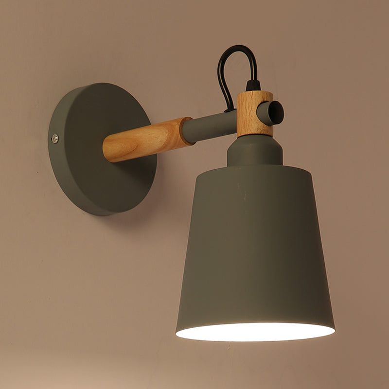 Nordic Style Metal Wall Sconce Lamp - Bucket Bedside Light With Wood Accents In Green