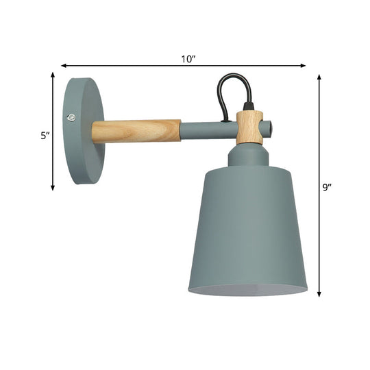 Nordic Style Metal Wall Sconce Lamp - Bucket Bedside Light With Wood Accents In Green