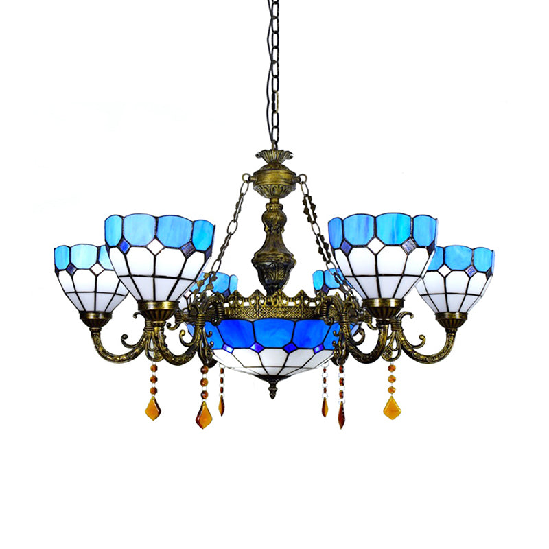 Blue Agate Multi-Head Tiffany Chandelier: Art Glass Domed Traditional Hanging Light