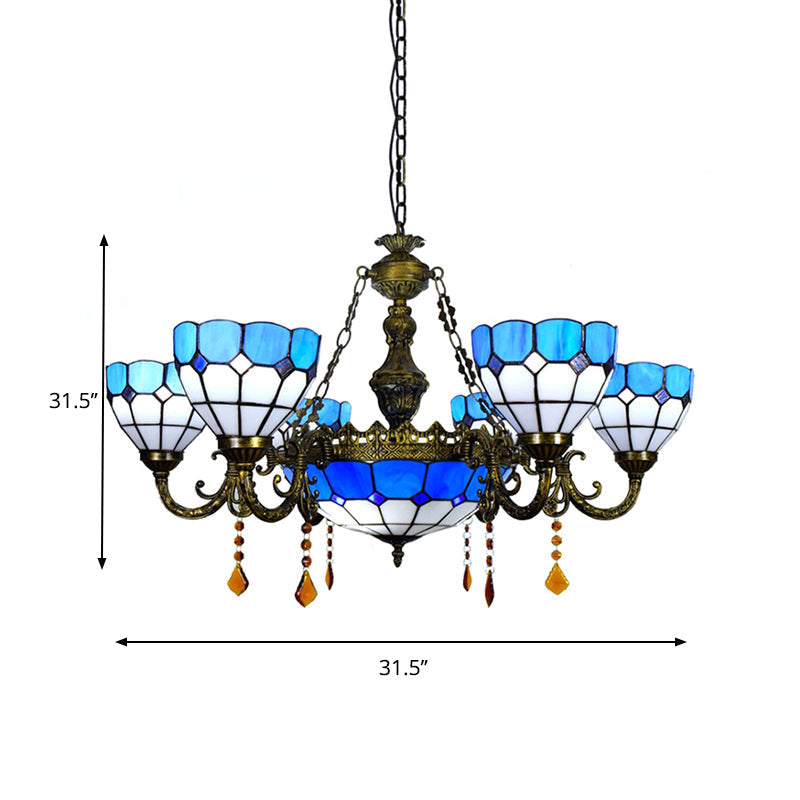 Blue Agate Multi-Head Tiffany Chandelier: Art Glass Domed Traditional Hanging Light