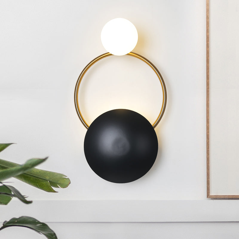 Postmodern Orbital Flush Mount Iron 2-Light Wall Sconce In Black-Gold With Orb Opal Glass Shade