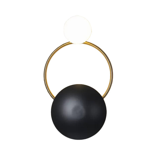 Postmodern Orbital Flush Mount Iron 2-Light Wall Sconce In Black-Gold With Orb Opal Glass Shade