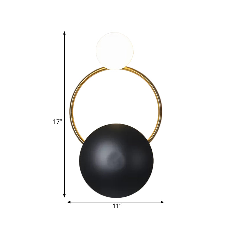 Postmodern Orbital Flush Mount Iron 2-Light Wall Sconce In Black-Gold With Orb Opal Glass Shade