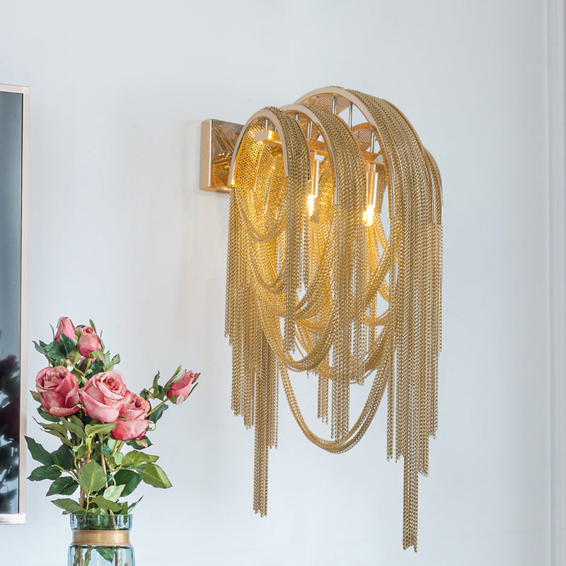 Mid Century Gold/Silver Stacked Tassel Wall Lamp - 2 Bulb Metallic Sconce Light Fixture For Hotel