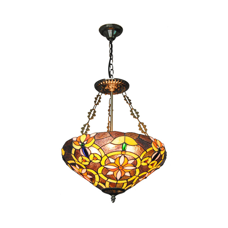 Floral Tiffany Stained Glass Chandelier: Umbrella Shade Pendant With 3 Lights - Brown/Pink Perfect