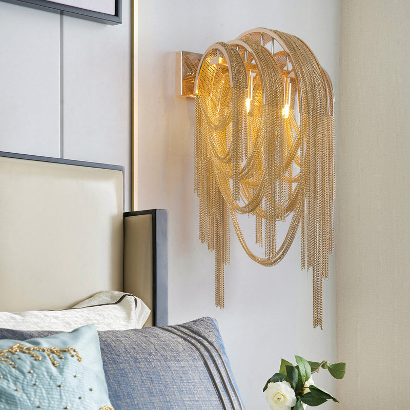 Mid Century Gold/Silver Stacked Tassel Wall Lamp - 2 Bulb Metallic Sconce Light Fixture For Hotel