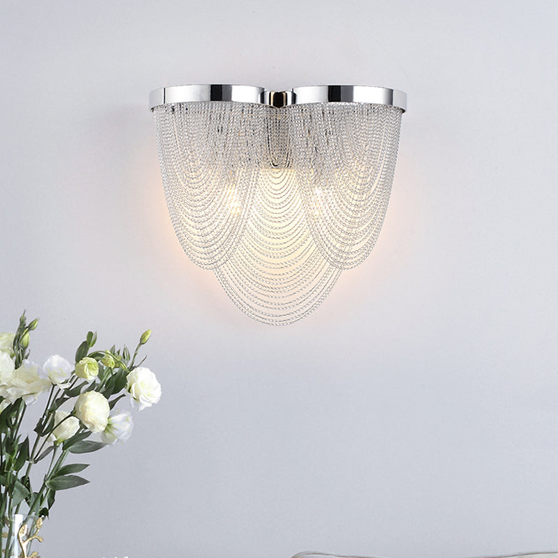 Modern Silver Tassel Wall Light With Rippling Chain Design - 2-Bulb Aluminum Sconce For Sitting Room