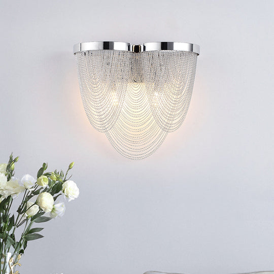 Modern Silver Tassel Wall Light With Rippling Chain Design - 2-Bulb Aluminum Sconce For Sitting Room