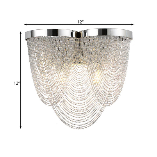 Modern Silver Tassel Wall Light With Rippling Chain Design - 2-Bulb Aluminum Sconce For Sitting Room