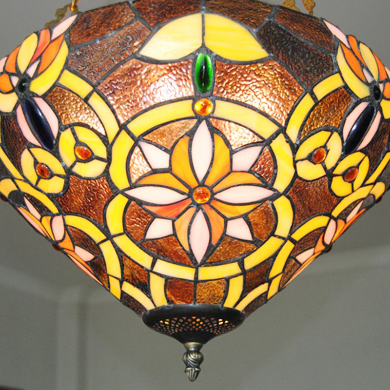 Floral Tiffany Stained Glass Chandelier: Umbrella Shade Pendant With 3 Lights - Brown/Pink Perfect