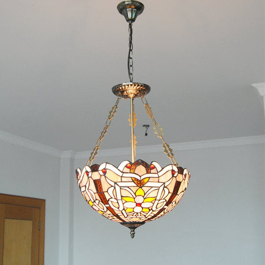 Floral Tiffany Stained Glass Chandelier: Umbrella Shade Pendant With 3 Lights - Brown/Pink Perfect