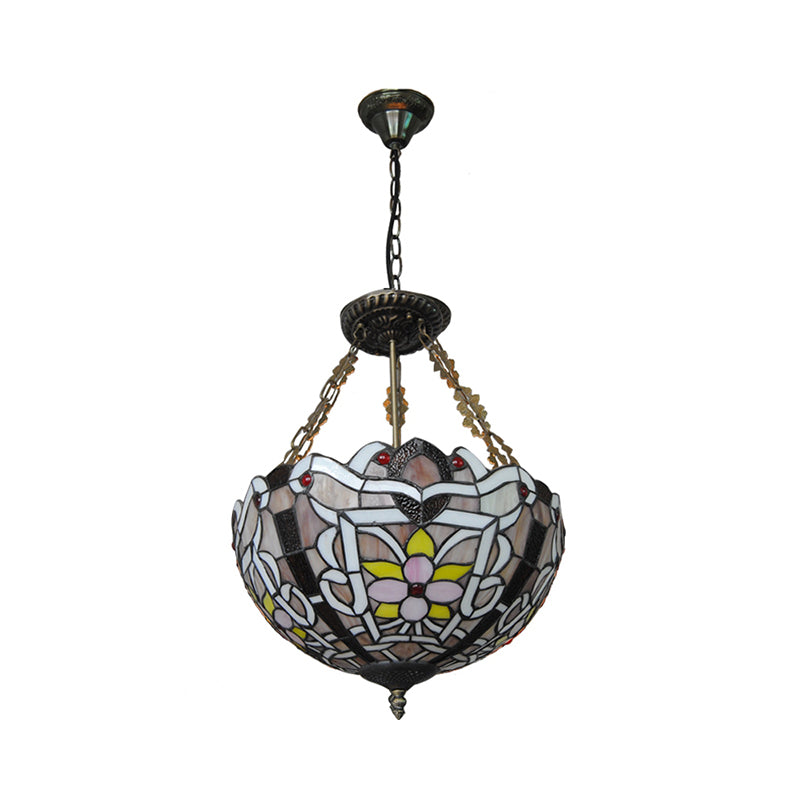 Floral Tiffany Stained Glass Chandelier: Umbrella Shade Pendant With 3 Lights - Brown/Pink Perfect