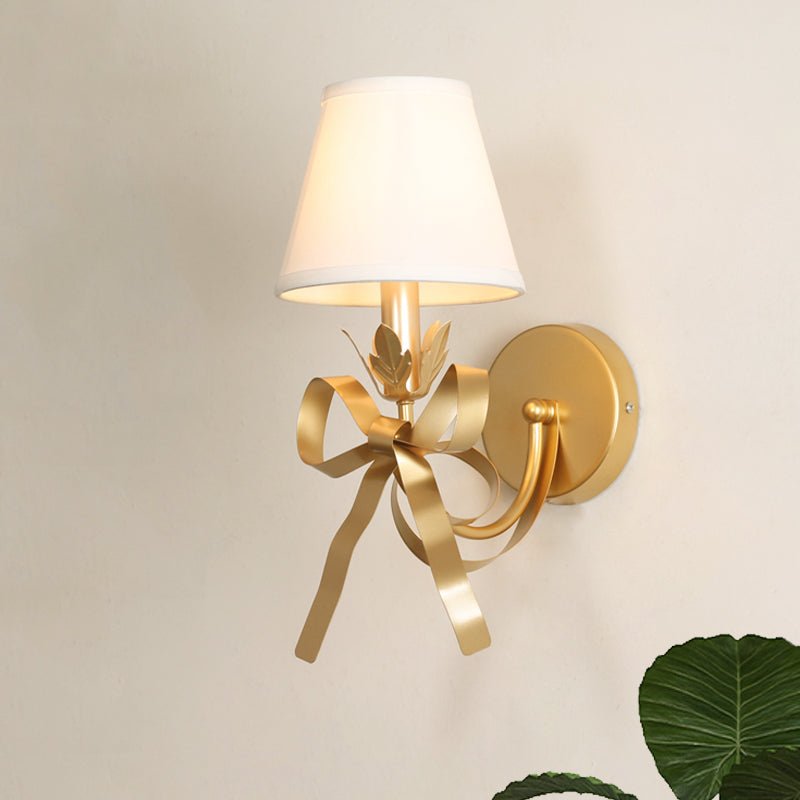 Contemporary Gold Swag Sconce Lighting - Metal Wall Mounted Lamp With Ribbon Decor And Fabric