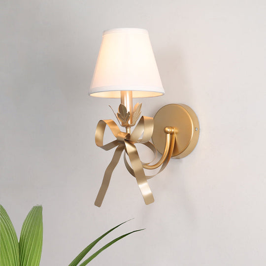 Contemporary Gold Swag Sconce Lighting - Metal Wall Mounted Lamp With Ribbon Decor And Fabric