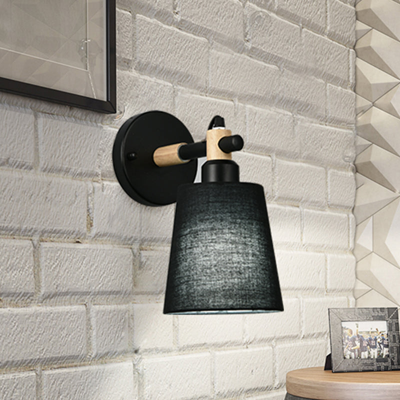 Modern Nordic Wall Lamp With Horn Shade And Wood Joint In Black/White - 1-Light Sconce