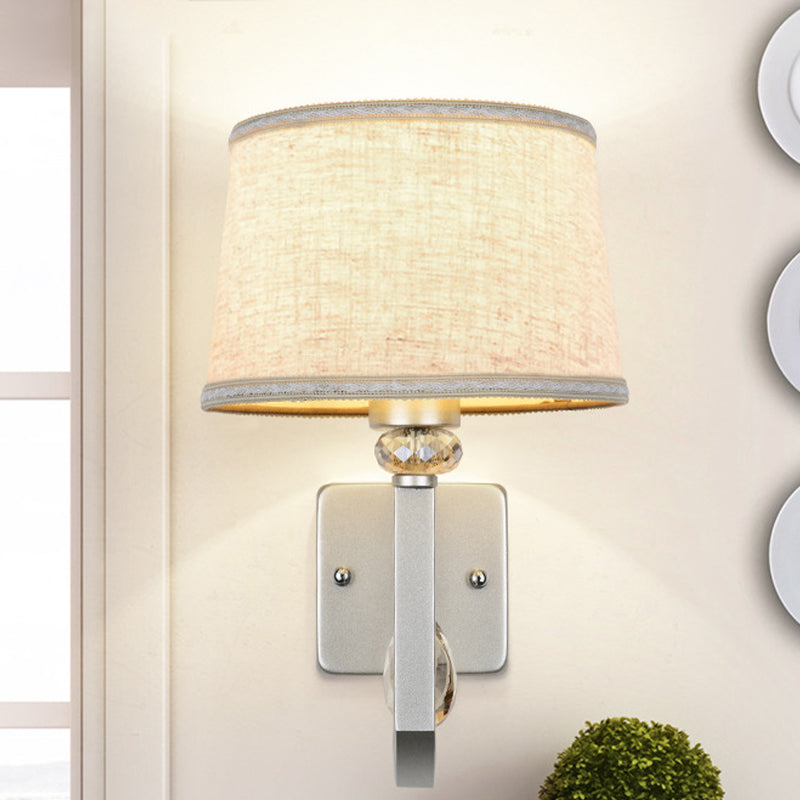 Modern Round Flaxen Sconce Lamp With Crystal Accent & Nickle Swoop Arm - Wall Mount Lighting