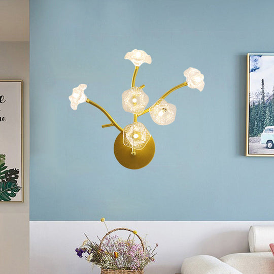 Modern Gold Wall Sconce: Floral Bedside Lamp With Transparent Glass And 6 Bulbs