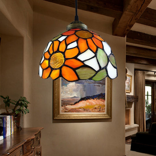 Orange Stained Glass Ceiling Light With Baroque Bowl Design For Living Room