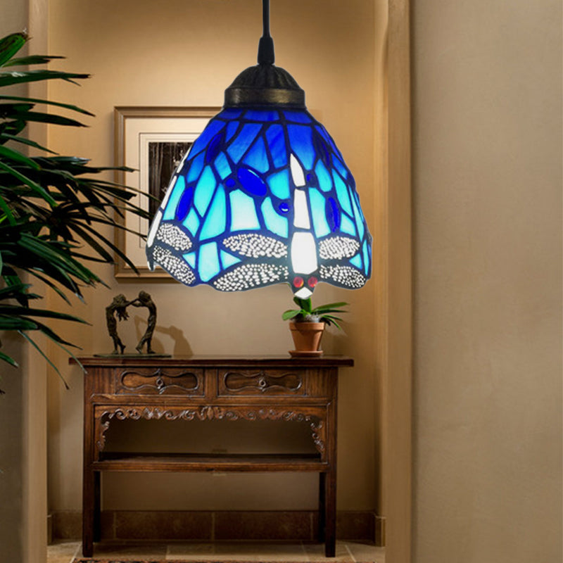 Dragonfly Hanging Stained Glass Pendant Light - Traditional & Classic Design 1 Head Blue Shade Ideal