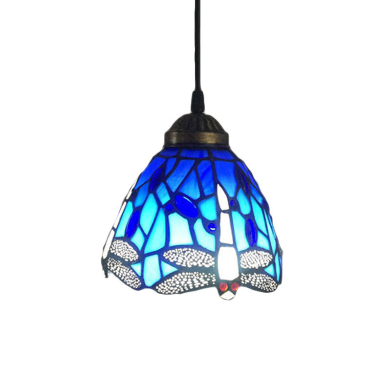 Dragonfly Stained Glass Pendant Light - Traditional Classic, 1 Head, Blue, Small, for Bar