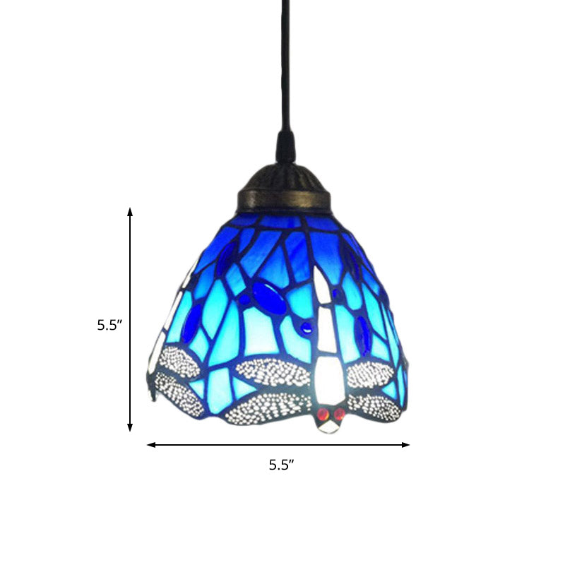 Dragonfly Stained Glass Pendant Light - Traditional Classic, 1 Head, Blue, Small, for Bar