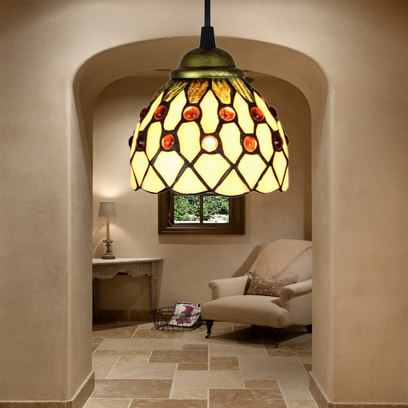 Tiffany Cut Glass Domed Hanging Light Fixture - 1 Suspension Pendant For Bedroom Beige/Light