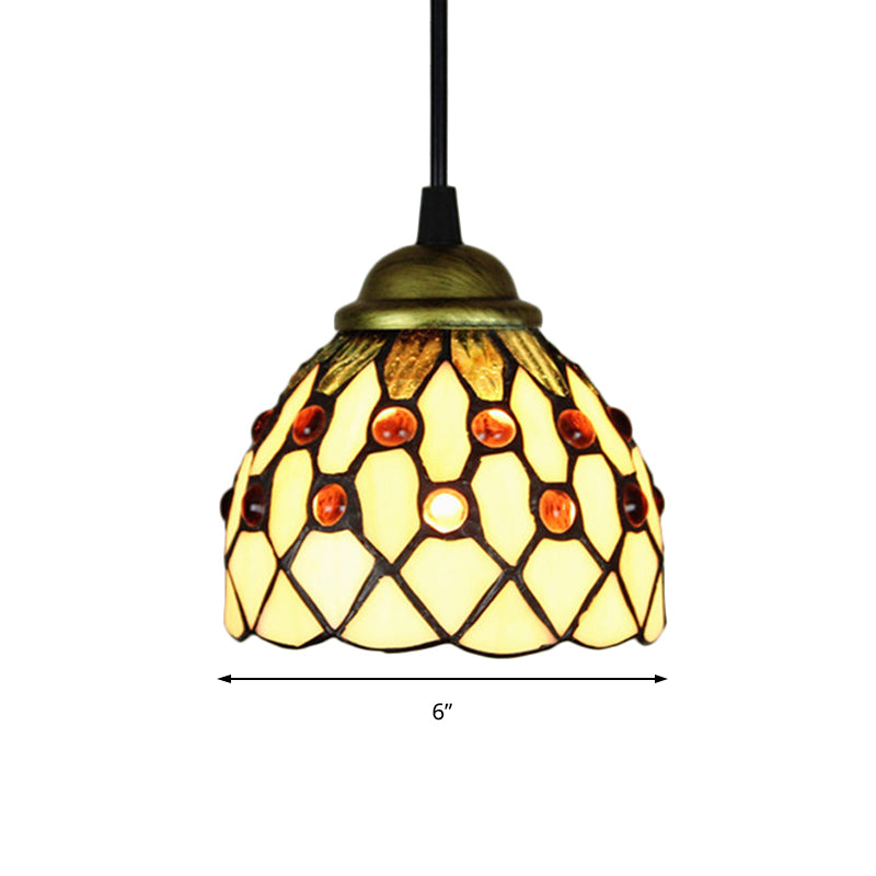 Tiffany Cut Glass Domed Hanging Light Fixture - 1 Suspension Pendant For Bedroom Beige/Light