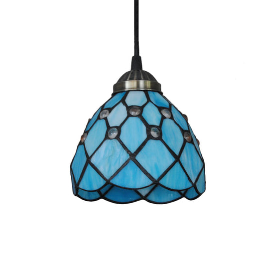 Tiffany Cut Glass Hanging Light Fixture for Bedroom - Beige/Light Blue/Dark Blue