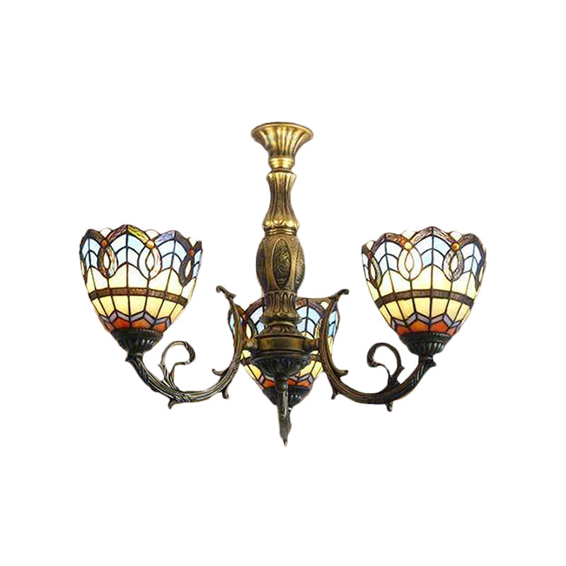 Brass Stained Glass Dome Chandelier - Baroque Tiffany Style, 3-Light Hanging Fixture for Dining Room