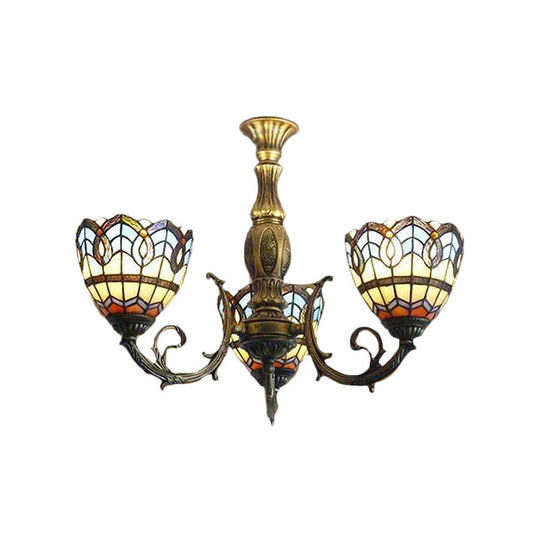 Baroque Tiffany Stained Glass Chandelier With 3 Lights For Dining Room In Brass