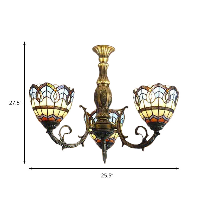 Brass Stained Glass Dome Chandelier - Baroque Tiffany Style, 3-Light Hanging Fixture for Dining Room