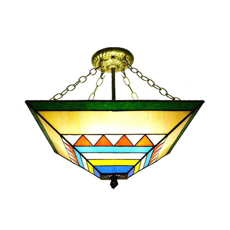 Tiffany Stained Glass Semi Flush Mount Ceiling Lamp - Stylish Inverted Design In Orange/Yellow