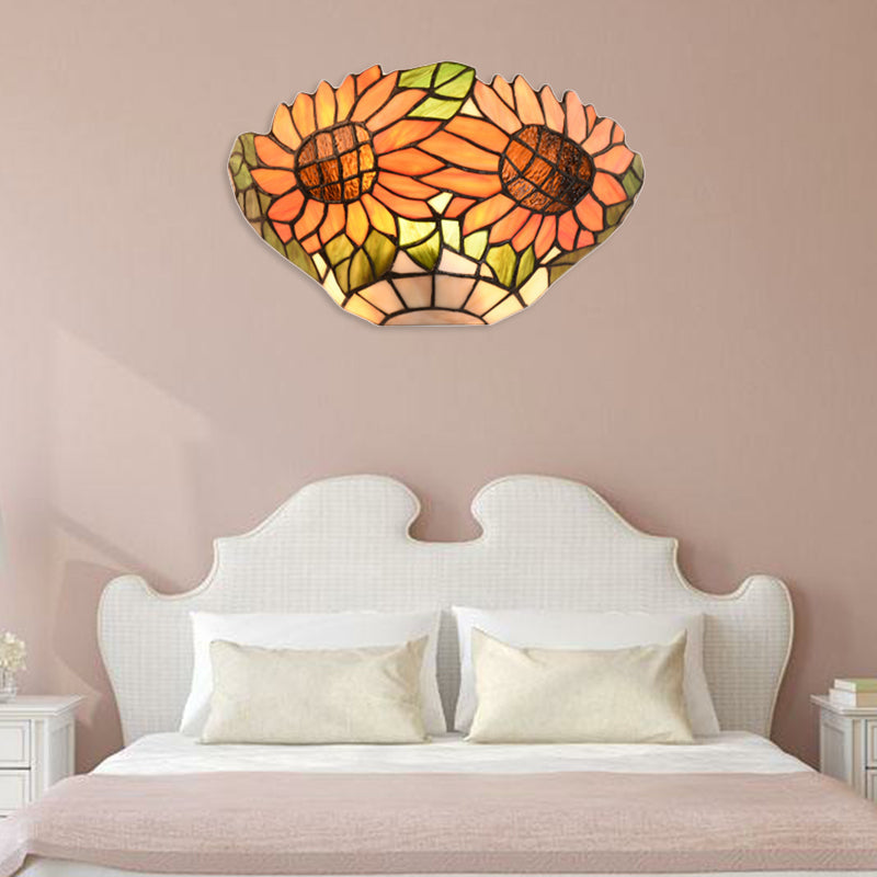 Rustic Orange Sunflower Stained Glass Wall Sconce - 1 Light For Restaurants