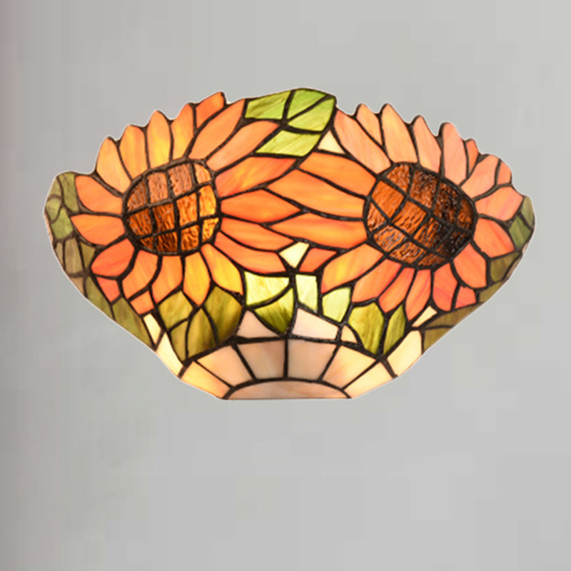 Rustic Orange Sunflower Stained Glass Wall Sconce - 1 Light For Restaurants