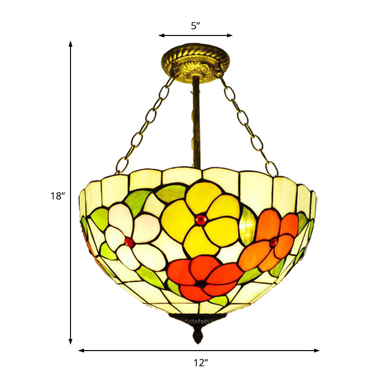 Flower Tiffany Bowl Inverted Semi Ceiling Mount Light - Rustic Stained Glass Lamp For Villa