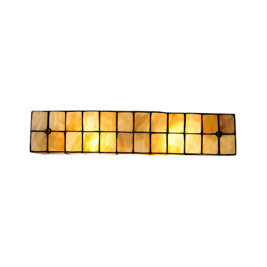 Tiffany Style Linear Wall Light With Square/Flower Pattern - 2 Lights Shell Sconce In Beige For