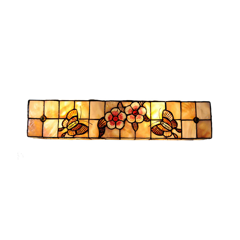 Tiffany Style Linear Wall Light With Square/Flower Pattern - 2 Lights Shell Sconce In Beige For