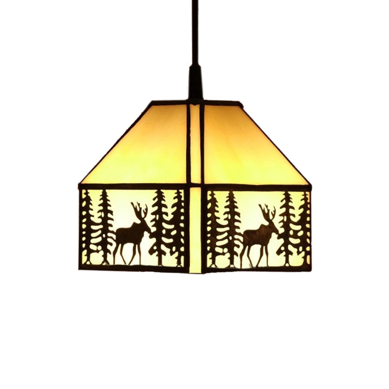 Rustic Glass Ceiling Light in Beige with Deer Pattern - Perfect for Kitchen - 1 Bulb House Hanging Light